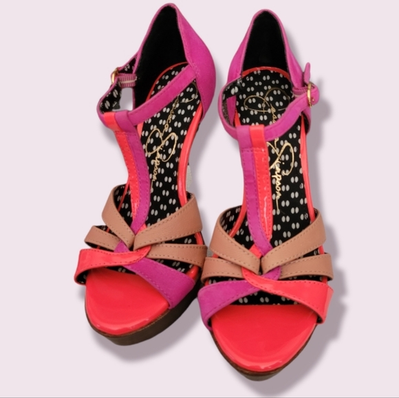 Jessica Simpson pink orange high heels leather & suede stiletto size 5 - Picture 3 of 11